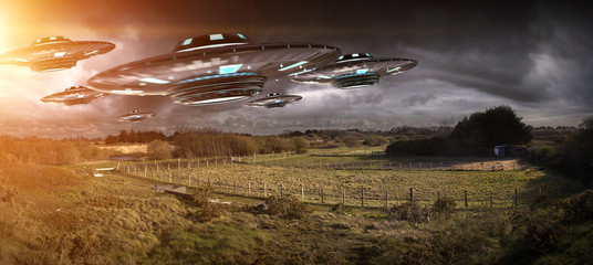 UFO invasion on planet earth landascape 3D rendering