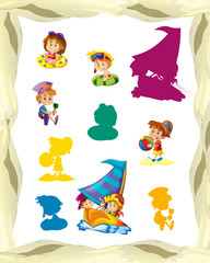 cartoon frame with children on the beach playing and sailing space for text