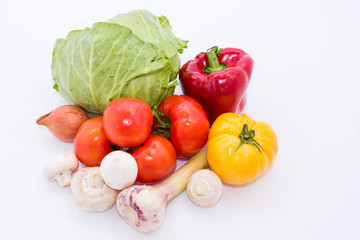 Fototapeta na wymiar Food, tomato, vegetable, yellow, salad, fresh, object, white, basket, organic, natural, pepper, tomato, lettuce, cabbage, mushrooms, garlic