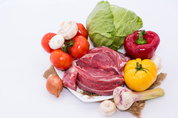 Food, tomato, vegetable, yellow, salad, fresh, object, white, basket, organic, natural, pepper, tomato, lettuce, cabbage, mushrooms, meat, garlic