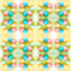 Watercolor background with colorful rainbow eggs. Seamless pattern