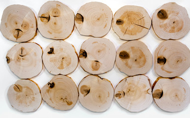 Obraz premium Several decorative interior unpolished alder wooden saw cuts onwhite background.