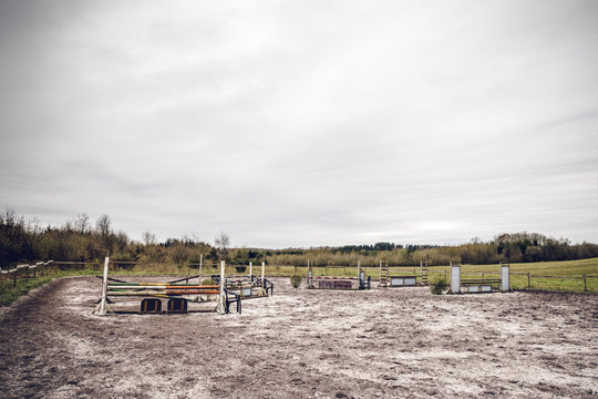 Horse riding track with jump hurdles