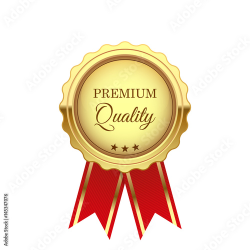 "Gold premium quality medal with red tape, isolated on white" Stock ...