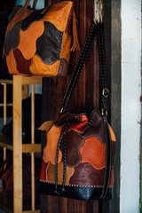 Authentic women's leather bags and purses in a handmade shop.