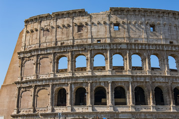 Obraz premium Colosseum - the main tourist attractions of Rome, Italy. Ancient Rome Ruins of Roman Civilization.