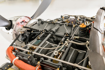 Aircraft engine detail. Piece of equipment of the aircraft engine closeup