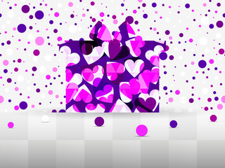 Gift box with a pattern of hearts. Sale Banner. Background with colored circles. Vector illustration