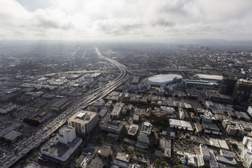Aerial view of Los Angeles 10 and 110 freeways with afternoon clouds in Southern California.  