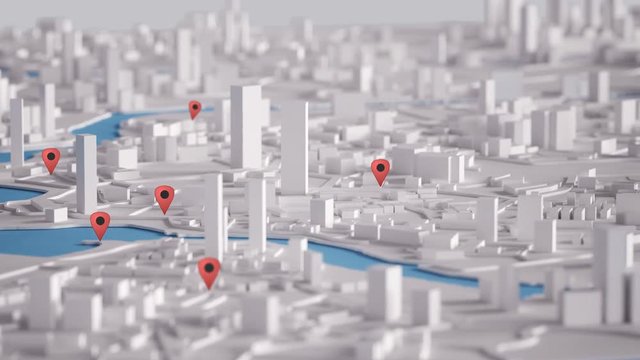 Aerial View of City Buildings 3D Rendering With Red Point Map 4K Animation