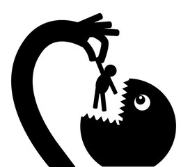 Black monster silhouette holds a limp person in his hand like a puppet and is going to eat it © suslo
