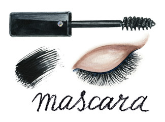 Watercolor eye makeup hand-painted set: mascara, eyelid with black eyelashes and eyeliner, mascara brush stroke,  lettering: mascara.