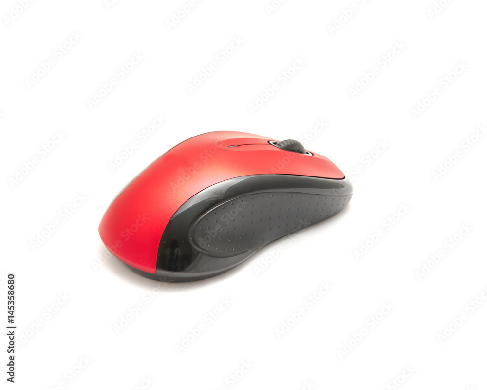 Fototapete close-up red and black wireless mouse in contoured shape isolated on white background. modern comput