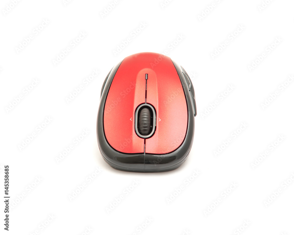 Fototapete close-up red and black wireless mouse in contoured shape isolated on white background. modern comput