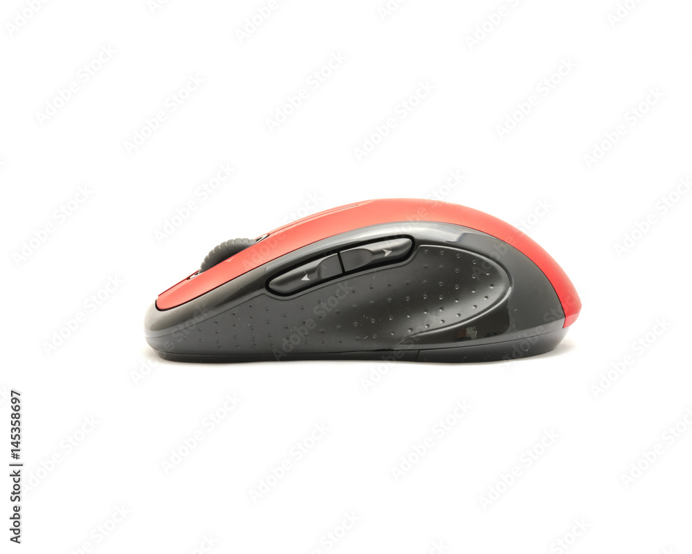 Fototapete close-up red and black wireless mouse in contoured shape isolated on white background. modern comput
