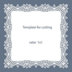 Greeting card with openwork border, paper doily under the cake, template for cutting, wedding invitation, decorative plate is laser cut, vector illustrations.