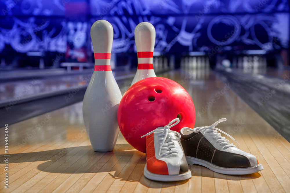 Wall mural bowling shoes, bowling pins and ball for play in bowling