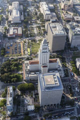 Afternoon aerial view of Los Angeles City Hall, Grand Park and Civic Center buildings.  