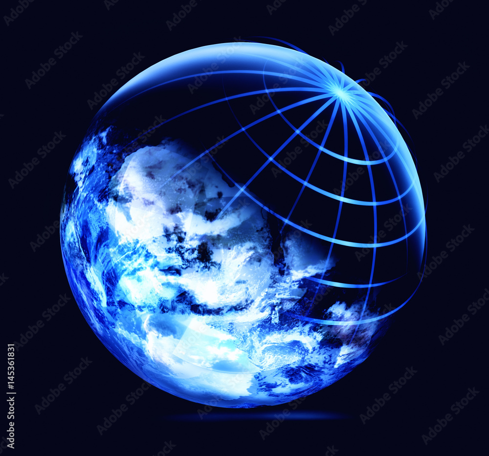 Poster global network connection, science and technology concept, futuristic earth globe with blue lines of