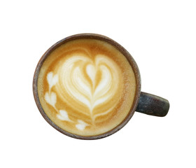 Top view of hot coffee latte art in vintage ceramic cup isolated on white backgrounds with clipping path.