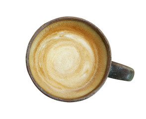 Hot coffee latte art in vintage ceramic cup isolated on white backgrounds with clipping path, top view.