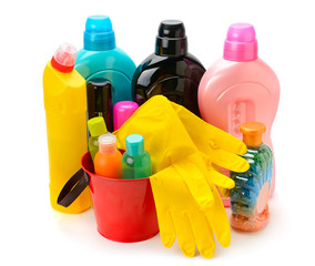 set of household chemicals, hand basin and brushes for cleaning isolated on white background