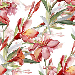 Seamless pattern bouquet of Mediterranean urban flowers on a colored background