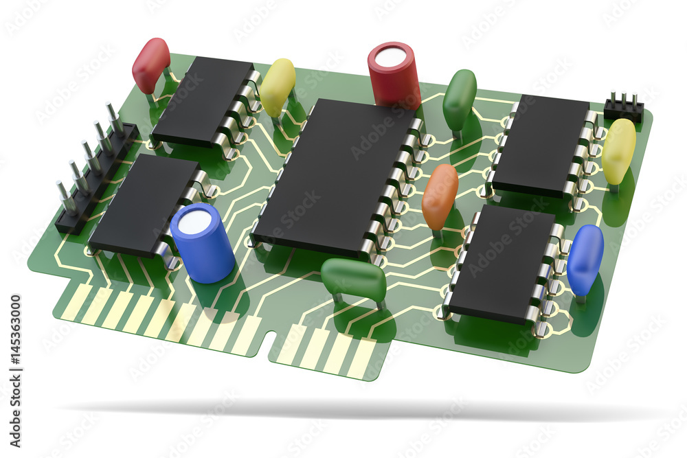 Poster printed circuit board (pcb) with microchip and electronic components, electrical device icon isolate