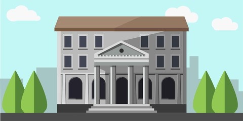 Bank grey building isolated near green trees vector picture