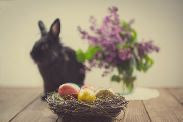 Spring flowers with Easter eggs and rabbit