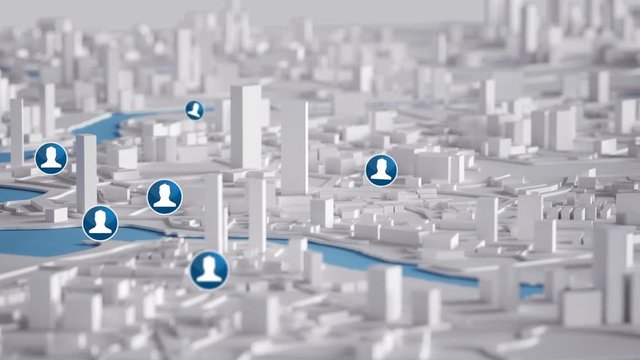 Aerial View of City Buildings 3D Rendering With Blue User Icon Map 4K Animation