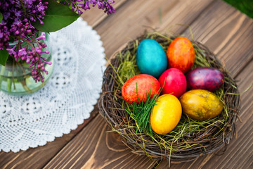 Spring bouquet of flowers and Easter eggs