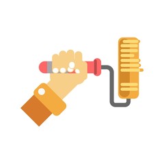 Man's hand holding paint roller in yellow color