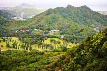 View over Pali Lookout towards Kaneohe Bay, Oahu, Hawaii