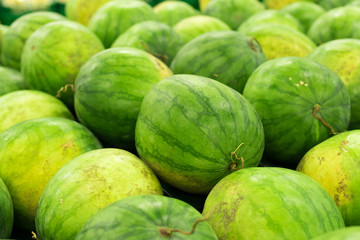 Many big sweet green watermelons sell on market. Local organic market on tropical Bali, Indonesia. Watermelon background.