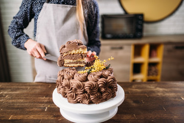 Woman holds piece of chocolate cake on the blade