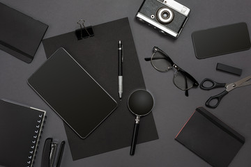Workplace with office items and business elements on a desk. Concept for branding. Top view.