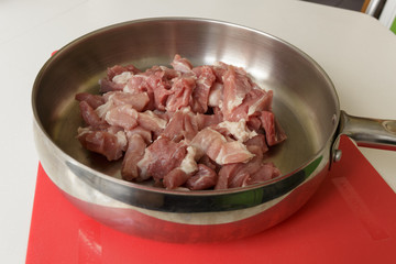 Pork in a hot steel frying pan