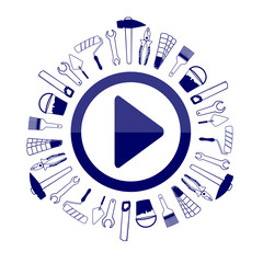 Play button icon. Start the updates. Set of tools for repairs around the play button. Stock vector. Flat design.