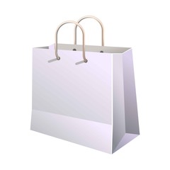 Paper shopping bag with handle isolated on white. Vector poster in realistic design of container made of carton for carrying goods and food products. Eco package banner in flat cartoon style