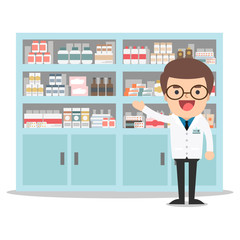 male pharmacist in a pharmacy opposite the shelves with medicines. Health care. Vector illustration