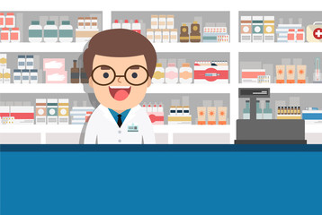 Modern flat vector illustration of a smiling young attractive male pharmacist at the counter in a pharmacy opposite of shelves with medicines. Health care conceptual background