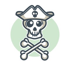 Skull in pirate hat with two crossed bones logo design