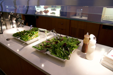 TORONTO, CANADA - JAN 28th, 2017: Air Canada Maple Leaf Lounge at YYZ airport International, buffet with salad, airport interior for frequent flyer