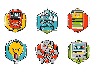 Naklejka premium Energy outline colorful style and resource icon set vector illustration electricity industrial current.