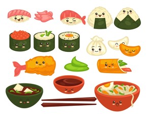 Cute asian dishes with faces set on white vector poster