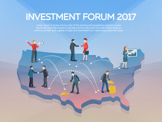 People on the USA map 3d. Business startup work moments flat banner. New ideas, search for investor, increased profits. Business situation. Businessman and businesswoman enter into a contract