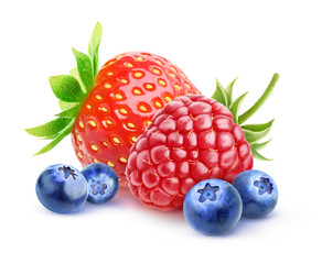Isolated berries. Fresh strawberry, raspberry and blueberry isolated on white background with...