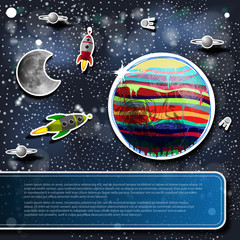  Space Concept Background with Rockets, Planets and Moon and Label for Your Text 