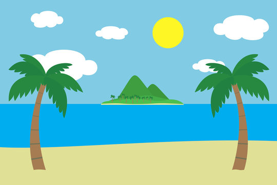 View of a tropical sandy beach with two green palm trees on the sea shore with an island with hills and mountains covered with grass and palm trees under a summer blue sky with clouds and glowing sun